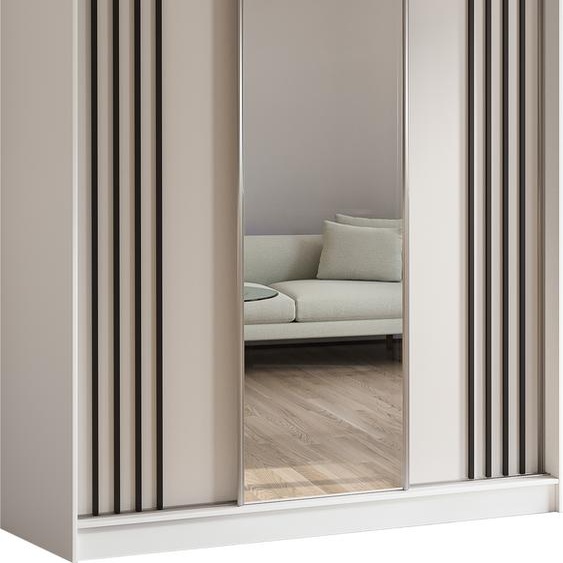 Armoire Neli de 180 cm avec lamelles et miroir, 3 portes coulissantes Armoire à portes coulissantes (couleur : blanc, blanc, lamelles noires)