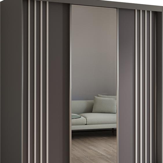 Armoire Neli de 180 cm avec lamelles et miroir, 3 portes coulissantes Armoire à portes coulissantes (couleur : gris, gris, lamelles blanches)