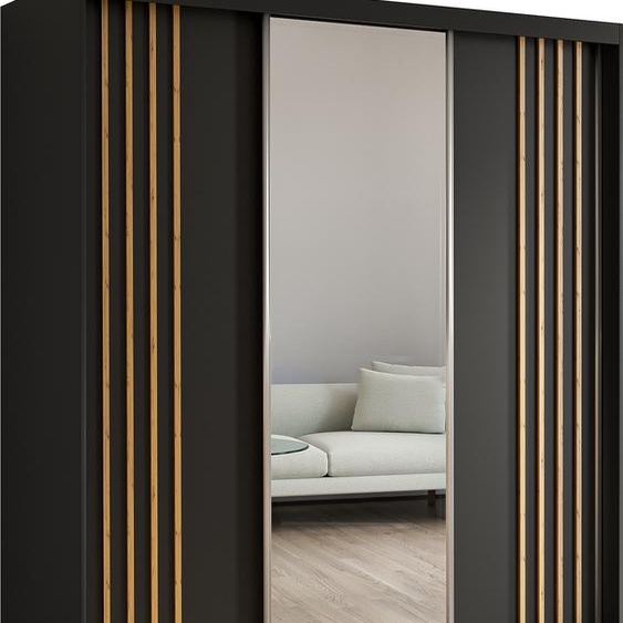 Armoire Neli de 180 cm avec lamelles et miroir, 3 portes coulissantes Armoire à portes coulissantes (couleur : noir, noir, lamelles Artisan)