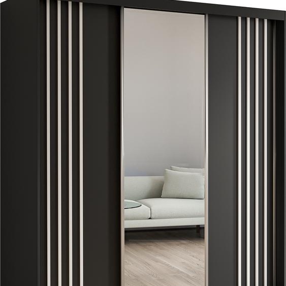 Armoire Neli de 180 cm avec lamelles et miroir, 3 portes coulissantes Armoire à portes coulissantes (couleur : noir, noir, lamelles blanches)