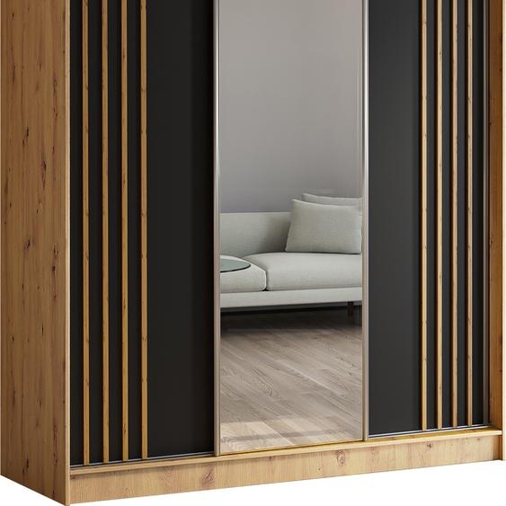 Armoire Neli de 180 cm avec lamelles et miroir, 3 portes coulissantes incluses Armoire à portes coulissantes (couleur : Artisan, noir, lamelles Artisan)