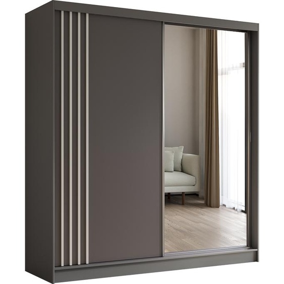 Armoire Neli de 200 cm avec lamelles et miroir, 2 portes coulissantes incluses Armoire à portes coulissantes (couleur : gris, gris, lamelles blanches)