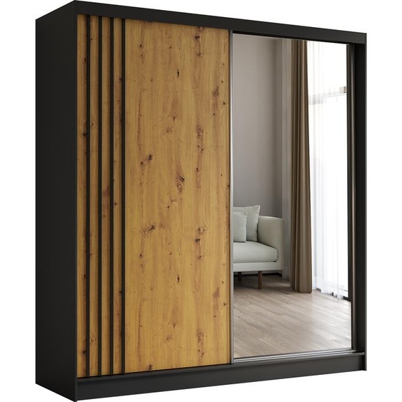 Armoire Neli de 200 cm avec lamelles et miroir, 2 portes coulissantes incluses Armoire à portes coulissantes (couleur : noir, Artisan, lamelles noires)