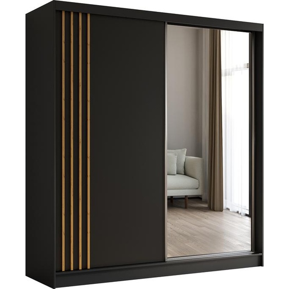 Armoire Neli de 200 cm avec lamelles et miroir, 2 portes coulissantes incluses Armoire à portes coulissantes (couleur : noir, noir, lamelles Artisan)