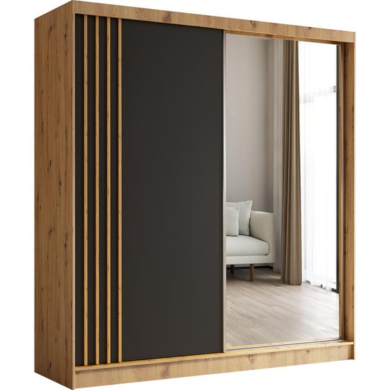 Armoire Neli de 200 cm avec lamelles et miroir, comprenant 2 portes coulissantes Armoire à portes coulissantes (couleur : Artisan, noir, lamelles Artisan)