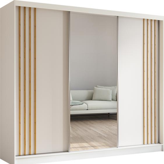 Armoire Neli de 240 cm avec lamelles et miroir, 3 portes coulissantes Armoire à portes coulissantes (couleur : blanc, blanc, lamelles Artisan)