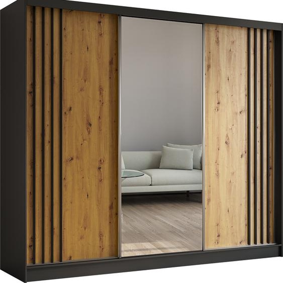 Armoire Neli de 240 cm avec lamelles et miroir, 3 portes coulissantes incluses Armoire à portes coulissantes (couleur : noir, Artisan, lamelles noires)