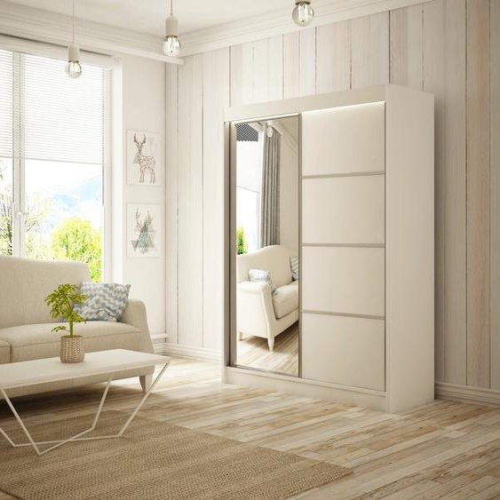 Armoire Padwa 120 cm avec 2 portes coulissantes et miroir Livraison à domicile Tringle à vêtements Penderie Armoire Armoire multifonctionnelle Armoire haute Chambre à coucher (couleur : blanc)