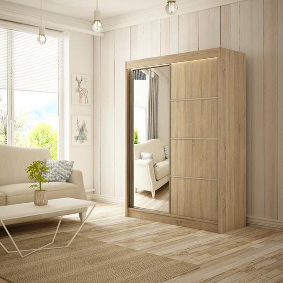 Armoire Padwa 150 cm avec 2 portes coulissantes et miroir, tringle à vêtements, penderie, livraison à domicile (couleur : chêne sonoma)