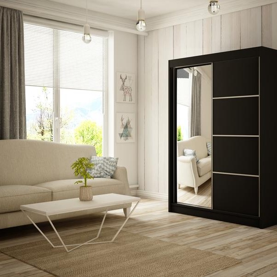 Armoire Padwa 200 cm avec 2 portes coulissantes et miroir, tringle à vêtements, penderie, livraison à domicile (couleur : noir)