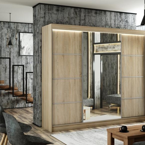 Armoire Padwa 250 cm avec 3 portes coulissantes et miroir, tringle à vêtements, penderie, armoire, livraison à domicile (couleur : chêne sonoma et façade chêne sonoma)