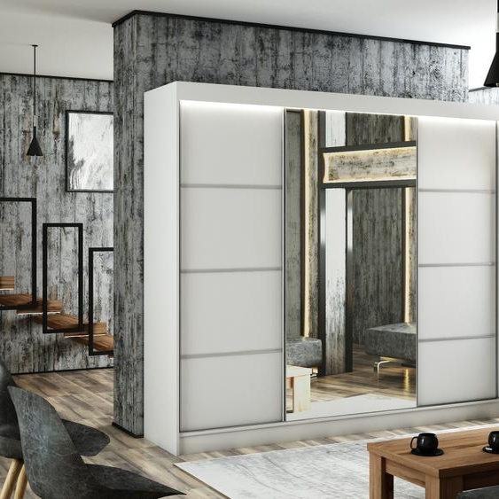 Armoire Padwa 250 cm avec 3 portes coulissantes et miroir, tringle à vêtements, penderie, livraison à domicile (couleur : blanc et façade blanche)