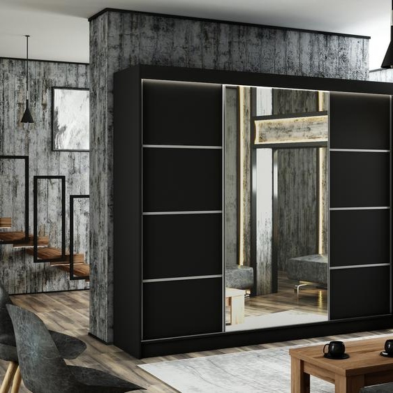 Armoire Padwa 250 cm avec 3 portes coulissantes et miroir, tringle à vêtements, penderie, livraison à domicile (couleur : noir et façade noire)