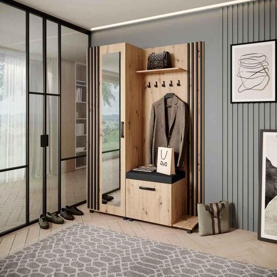 Armoire penderie Ensemble de penderies avec cintres et miroir LIVIA, couleur : chêne Artisan + noir (Jasmine100), côté : droite