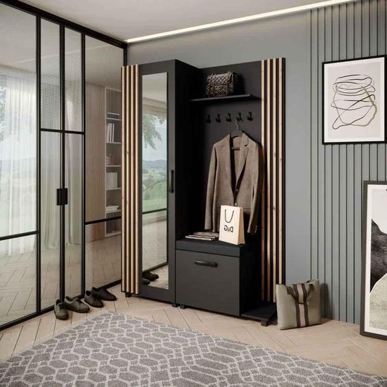 Armoire penderie Ensemble de penderies avec cintres et miroir LIVIA, couleur : noir + chêne Artisan(Jasmine100), côté : droite