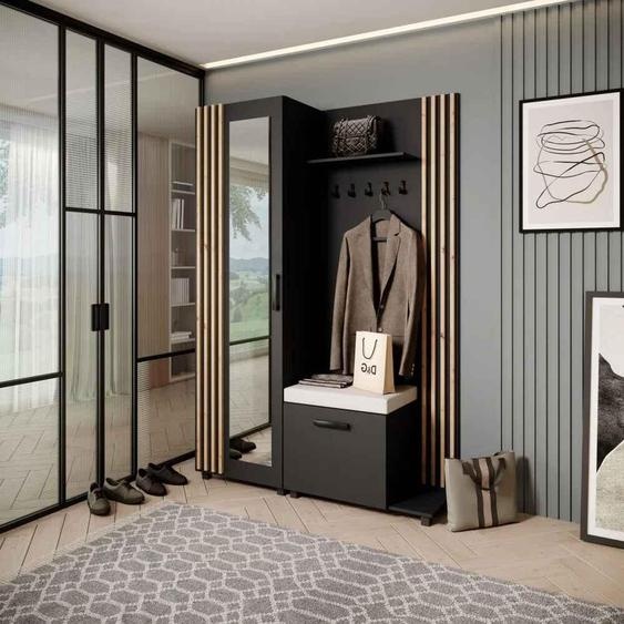 Armoire penderie Ensemble de penderies avec cintres et miroir LIVIA, couleur : noir + chêne Artisan(Jasmine21), côté : droite