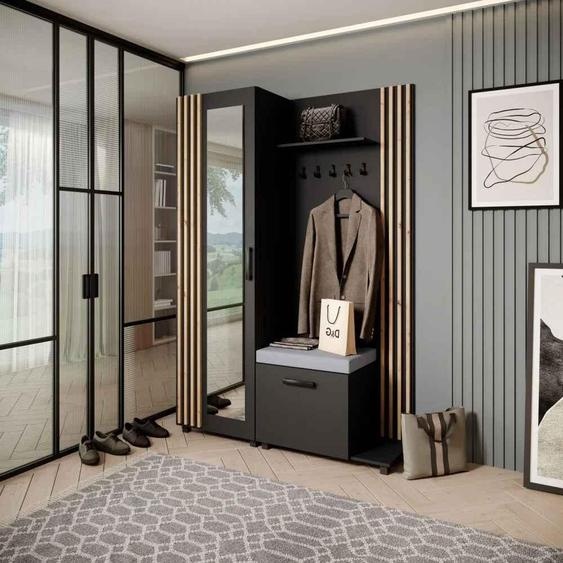 Armoire penderie Ensemble de penderies avec cintres et miroir LIVIA, couleur : noir + chêne Artisan(Jasmine90), côté : droite