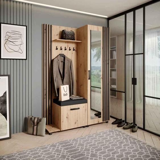 Armoire penderie Ensemble de penderies avec patères et miroir LIVIA, couleur : chêne Artisan + noir (Jasmine100), côté : gauche