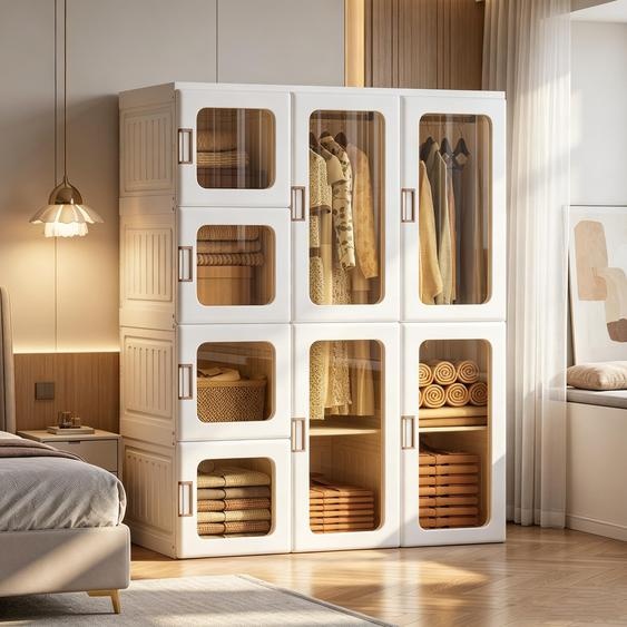 ARMOIRE PLIABLE INONEFT, 104x136x50 cm, 2 barres, 8 panneaux de porte transparents marron, armoire de chambre, en PP, de couleur blanche