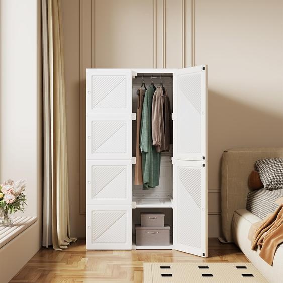 Armoire pliante ProximaX blanche avec 5 compartiments, 6 portes et 1 tringle à vêtements - Design monobloc avec fond stable, pas de montage nécessaire