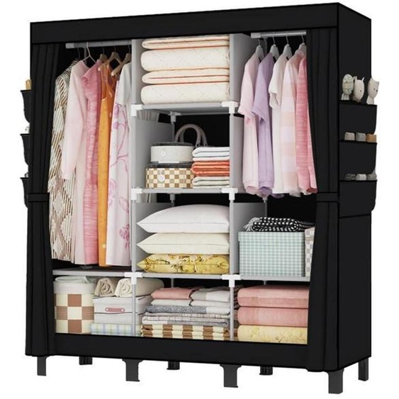 Armoire portable, dimensions 130x45x172 cm, couleur noire, avec étagère pour suspendre les vêtements et espace de rangement