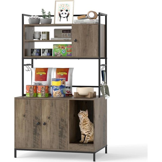 Armoire pour chat COSTWAY avec étagères, bac à litière, maison pour chat avec griffoir, 4 crochets et entrée, métal, meuble pour chat dintérieur, 78 x 51 x 137 cm, gris