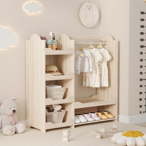 Armoire pour enfants avec tringle et 4 étagères 110 x 110 x 39 cm Armoire pour enfants en pin et MDF, aspect bois naturel et blanc, style moderne