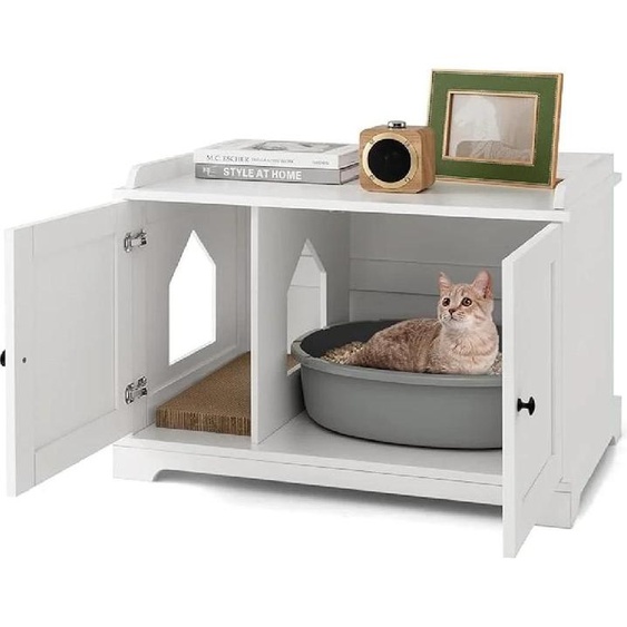 Armoire pour litière - Table dappoint/table de chevet - Avec tapis à griffer - Cloison réglable - Litière cachée - Maison pour chat dintérieur - Blanc