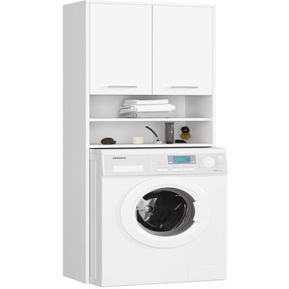 Armoire pour machine à laver 64x30x180cm - Armoire salle de bain- Meuble de rangement buanderie 2 portes et 4 étagères - Blanc mat