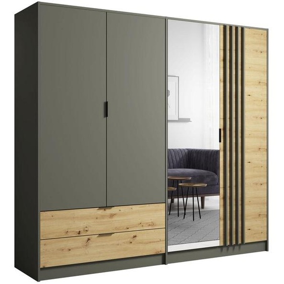 Armoire Rodgau pour chambre à coucher 220 x 55 x 202,5 cm, 4 portes, graphite / chêne Artisan
