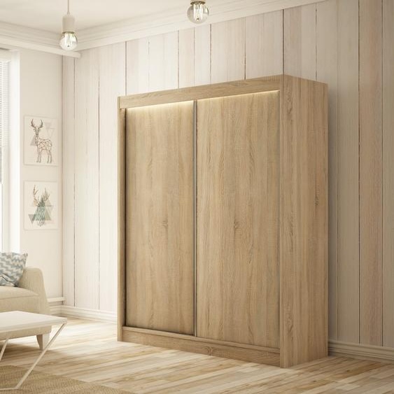 Armoire Saturn 120 cm avec 2 portes coulissantes Livraison à domicile Tringle à vêtements Penderie Armoire Armoire multifonctionnelle Armoire haute Chambre à coucher (Couleur : chêne sonoma)