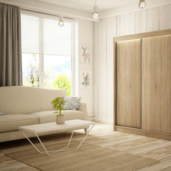 Armoire Saturn 150 cm avec 2 portes coulissantes, tringle à vêtements, penderie, livraison à domicile (couleur : chêne sonoma)
