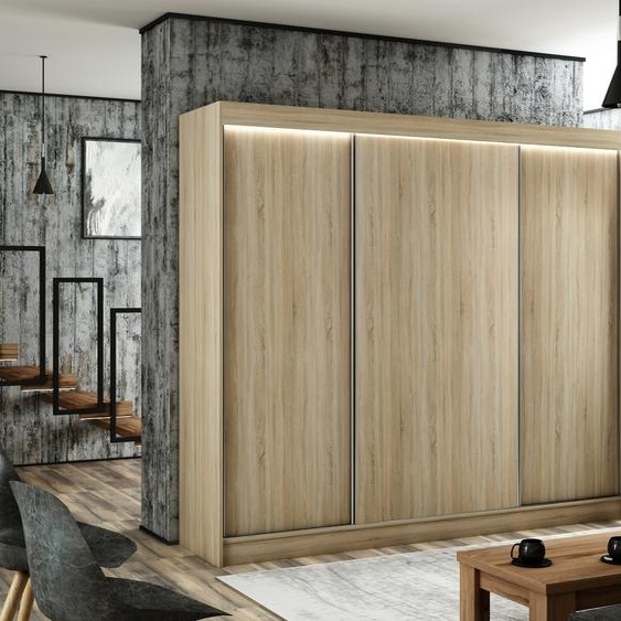 Armoire Saturn 250 cm avec 3 portes coulissantes, tringle à vêtements, penderie, armoire, livraison à domicile (couleur : chêne sonoma)