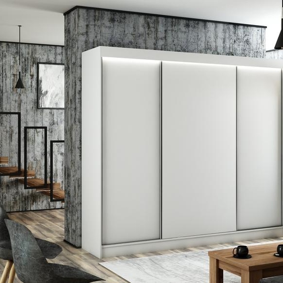 Armoire Saturn 250 cm avec 3 portes coulissantes, tringle à vêtements, penderie, livraison à domicile (couleur : blanc)