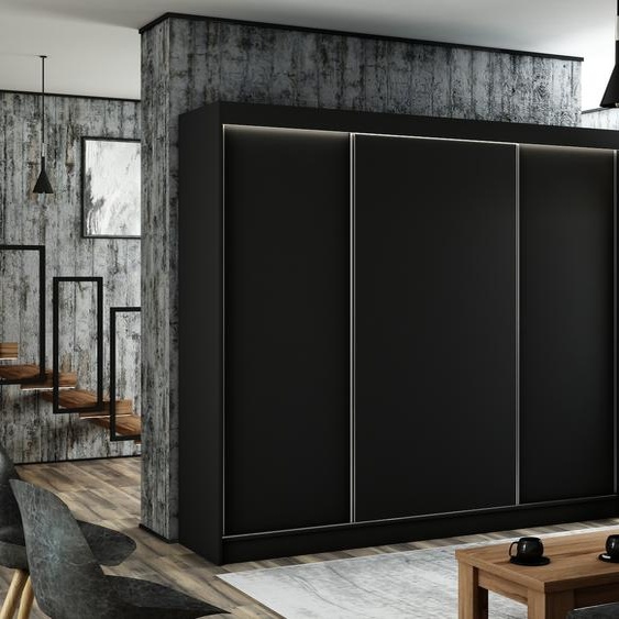 Armoire Saturn 250 cm avec 3 portes coulissantes, tringle à vêtements, penderie, livraison à domicile (couleur : noir)