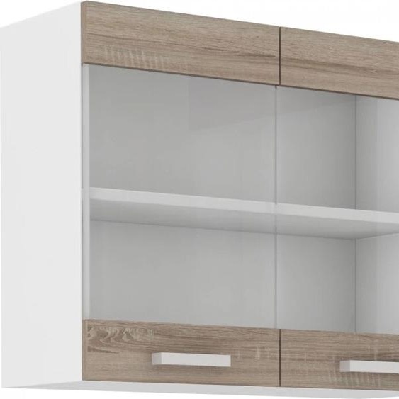 Armoire supérieure vitrée DAGA – largeur 80 cm, chêne truffier / blanc