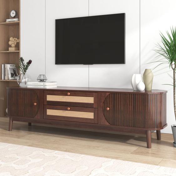 Armoire TV Hybride En Bois Naturel Avec Portes Et Tiroirs, Meuble TV ,Buffet Bas Salon Style Rustique, 170x39.5x46cm