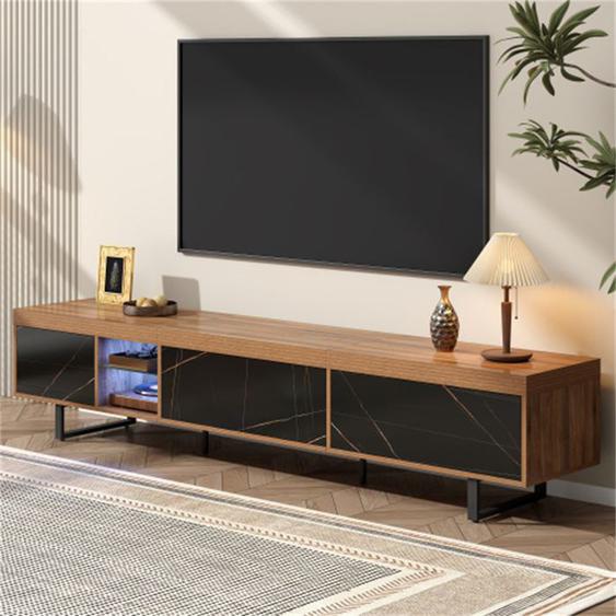 Armoire TV, meuble bas avec plateau en marbre, verre et éclairage LED à changement de couleur