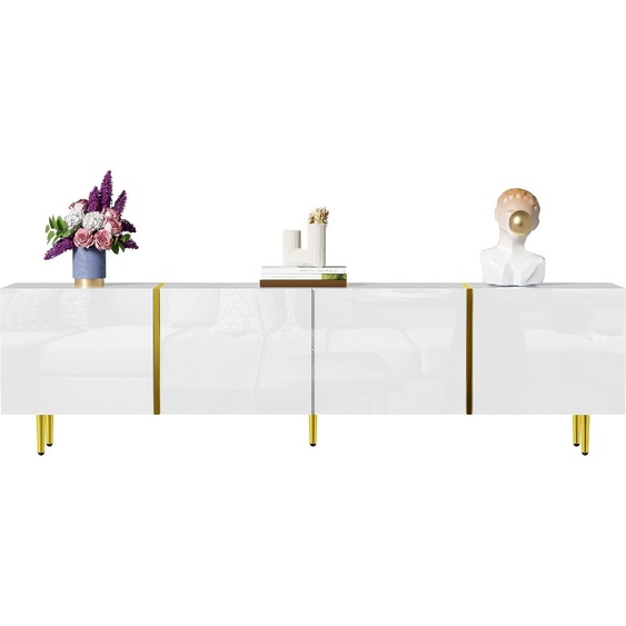 Armoire TV Sweiko haute brillance avec quatre portes, moderne et sobre, en blanc