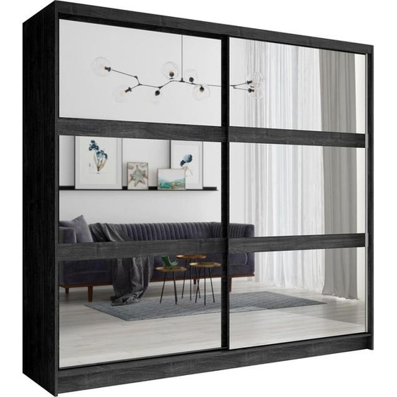 Armoire VELTIS 2 portes coulissantes avec miroir – L230 x H215 cm – Coloris frêne noir