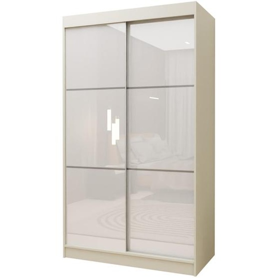 Armoire de 150 cm de largeur, modèle Vena, avec 2 portes coulissantes (couleur : cachemire, vitrage Laqué blanc)