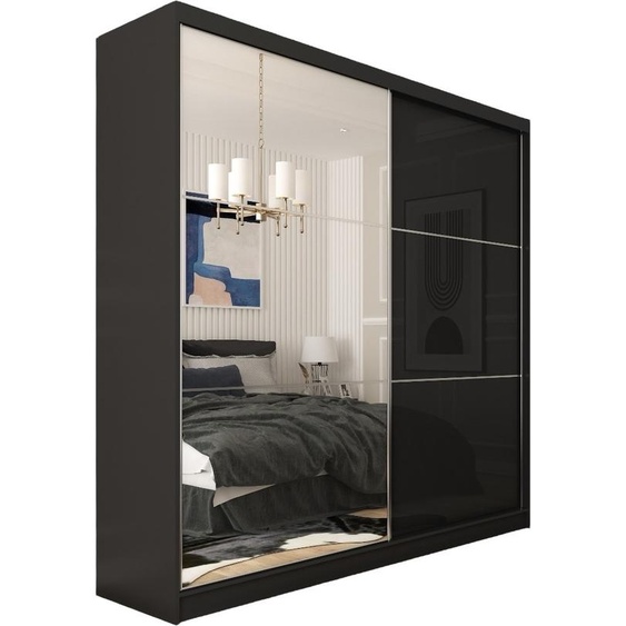 Armoire Vena de 200 cm avec miroir, comprenant 2 portes coulissantes Armoire à portes coulissantes (couleur : noir, lacobel noir)