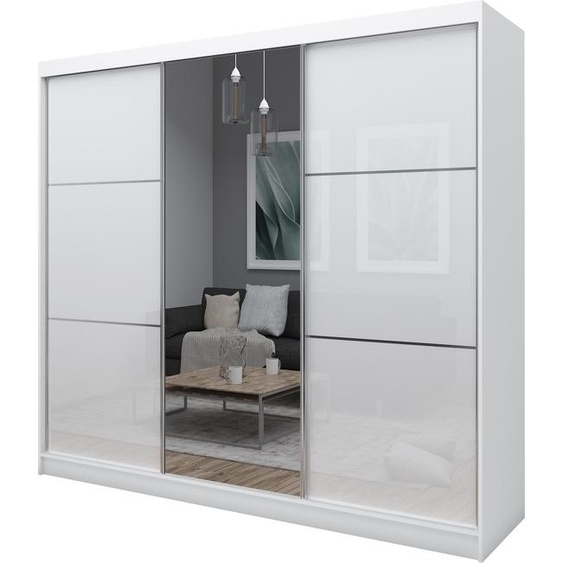 Armoire Vena de 240 cm avec miroir, comprenant 3 portes coulissantes Armoire à portes coulissantes Couleur : blanc, lacobel blanc)