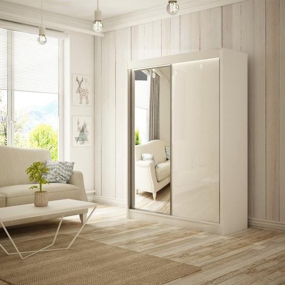 Armoire Venus 120 cm avec 2 portes coulissantes et miroir Livraison à domicile Tringle à vêtements Penderie Armoire (Couleur : blanc, lacobel blanc)