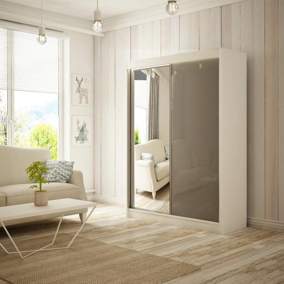 Armoire Venus 120 cm avec 2 portes coulissantes et miroir Livraison à domicile Tringle à vêtements Penderie Armoire (couleur : blanc, lacobel gris)