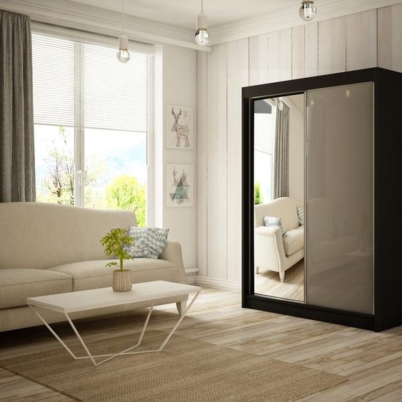 Armoire Venus 120 cm avec 2 portes coulissantes et miroir Livraison à domicile Tringle à vêtements Penderie Armoire (couleur : noir, lacobel gris)