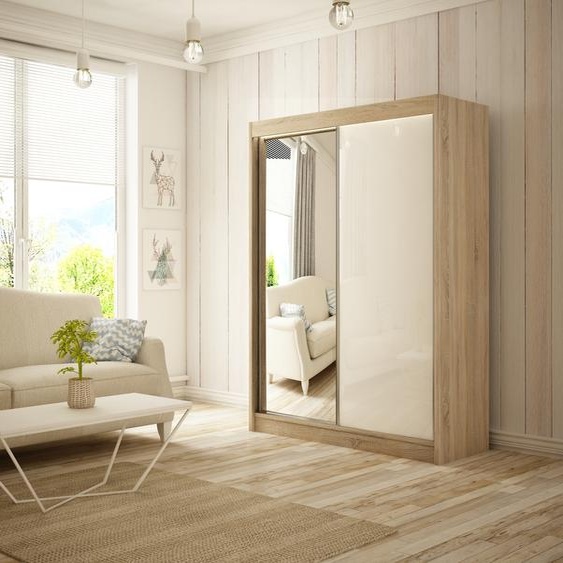 Armoire Venus 150 cm avec 2 portes coulissantes et miroir Livraison à domicile Tringle à vêtements Penderie Armoire (couleur : chêne sonoma, lacobel blanc)