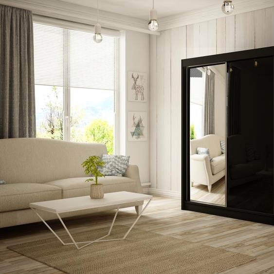 Armoire Venus 200 cm avec 2 portes coulissantes et miroir Livraison à domicile Tringle à vêtements Penderie Armoire (couleur : noir, lacobel noir)