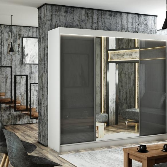 Armoire Venus 250 cm avec 3 portes coulissantes et miroir Livraison à domicile Tringle à vêtements Penderie Armoire (couleur : blanc, lacobel gris)