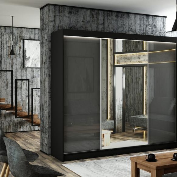 Armoire Venus 250 cm avec 3 portes coulissantes et miroir Livraison à domicile Tringle à vêtements Penderie Armoire (couleur : noir, lacobel gris)